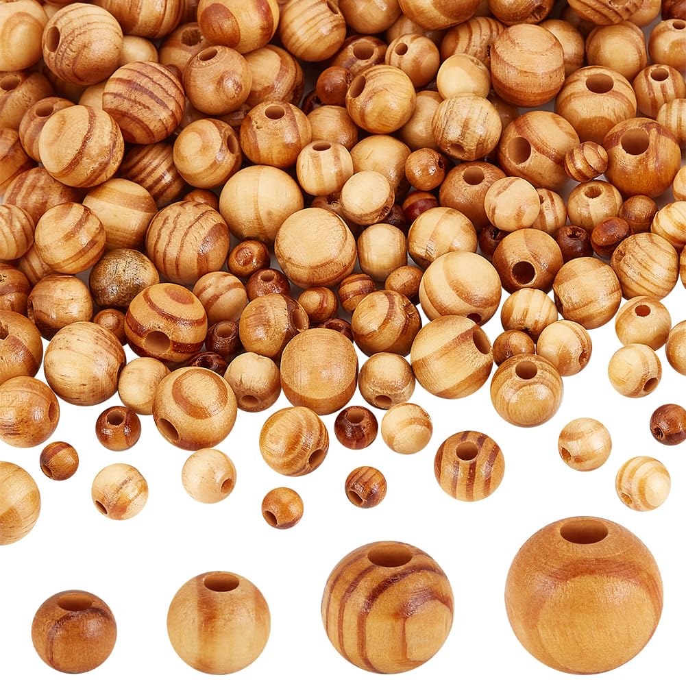 PH PandaHall 200Pcs 4 Sizes Wooden Beads Round Wooden Craft Bead, Natural Wood Macrame Bead Loose Spacer Hair Beads for Braided Hair DIY Bracelet Necklace Jewellery Making Decor
