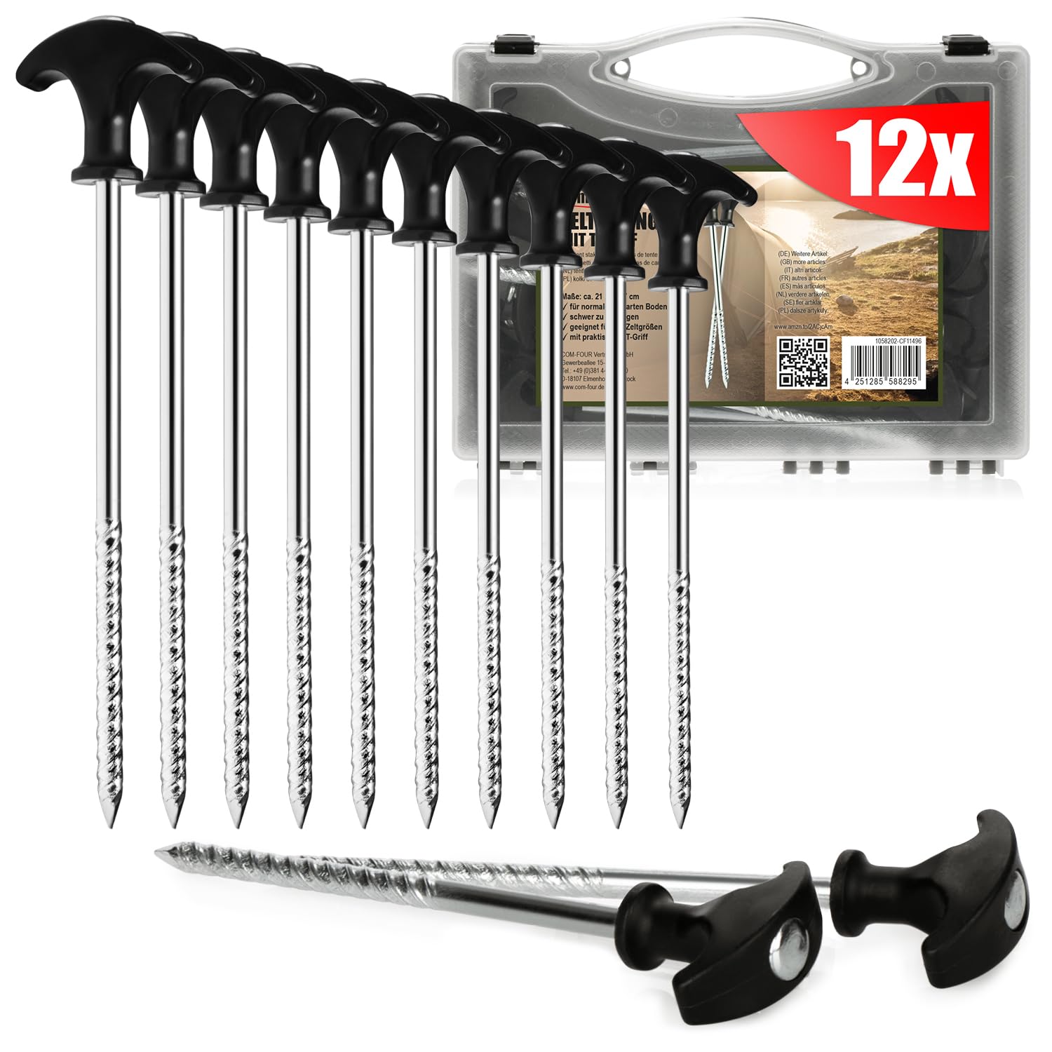 COM-FOUR® 12x tent pegs made of steel - robust ground pegs with thread in transport box for camping and outdoors - ideal for normal and hard ground with T-handle