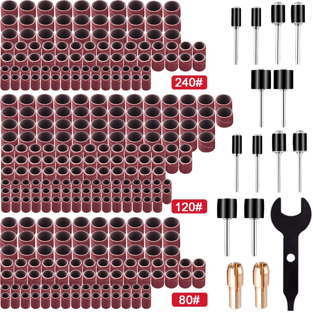 SIQUK 345 Pcs Drum Sander Kit with 330 Pcs Drum Sanding Bands, 12 Pcs Drum Mandrels, 2 Pcs Self-Tightening Drill Chuck and 1 Pc Combination Wrench for Dremel Rotary Tool