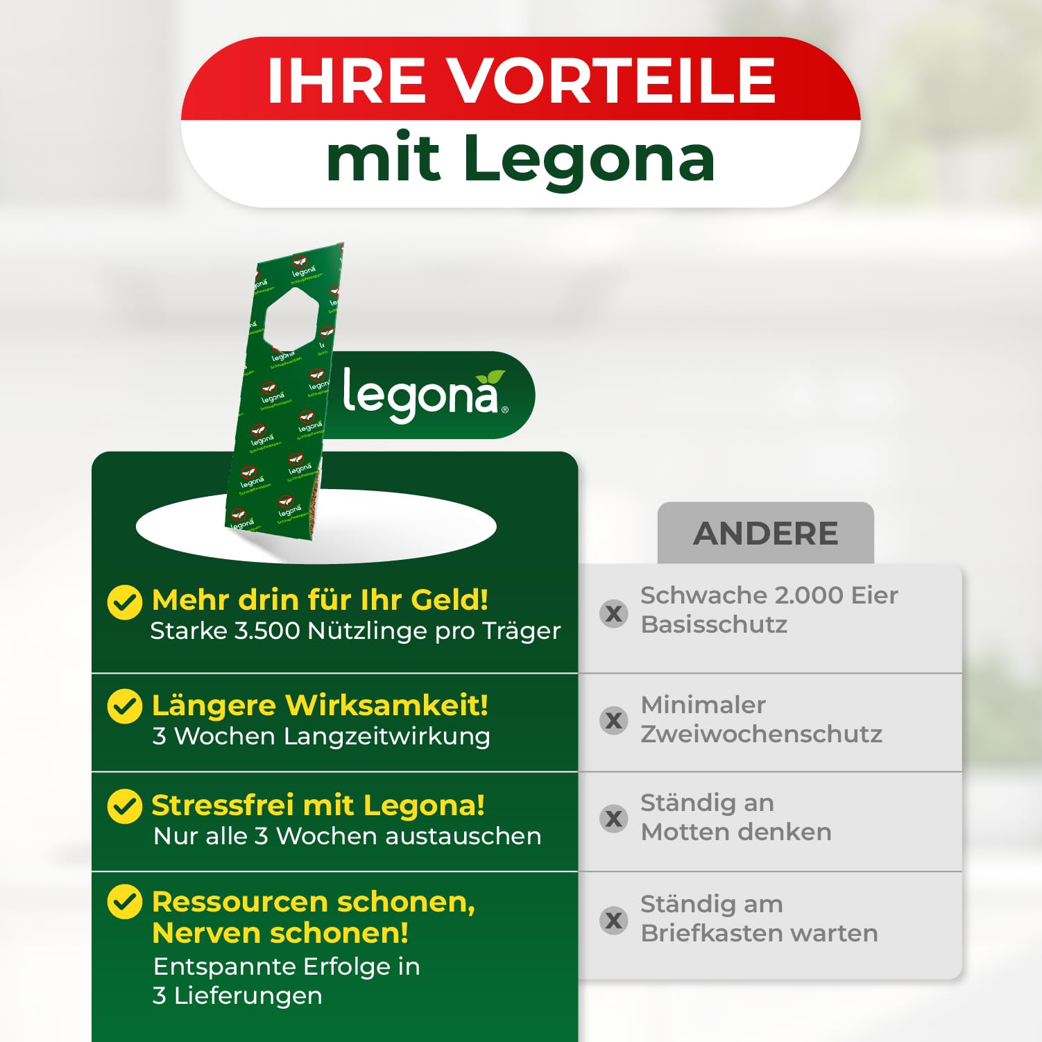 Legona Schlupfwespen gegen Lebensmittelmotten, 3 Lieferungen mit je 3 Trägern, 9 Wochen Vollbehandlung 7