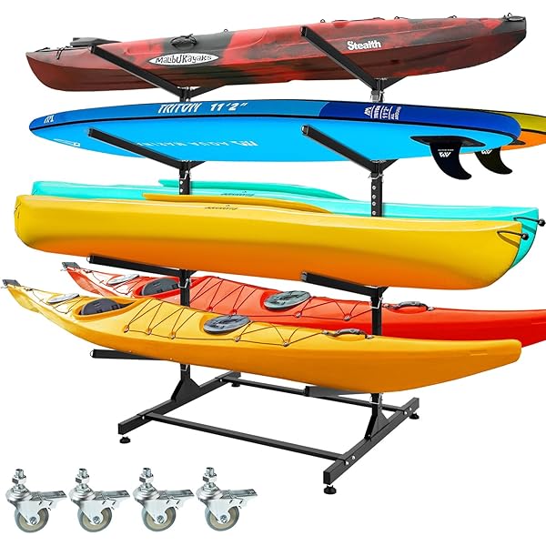 Heavy Duty Kayak Storage Stand With Wheels - Adjustable Freestanding Rack For Kayaks, Canoes, Paddleboards