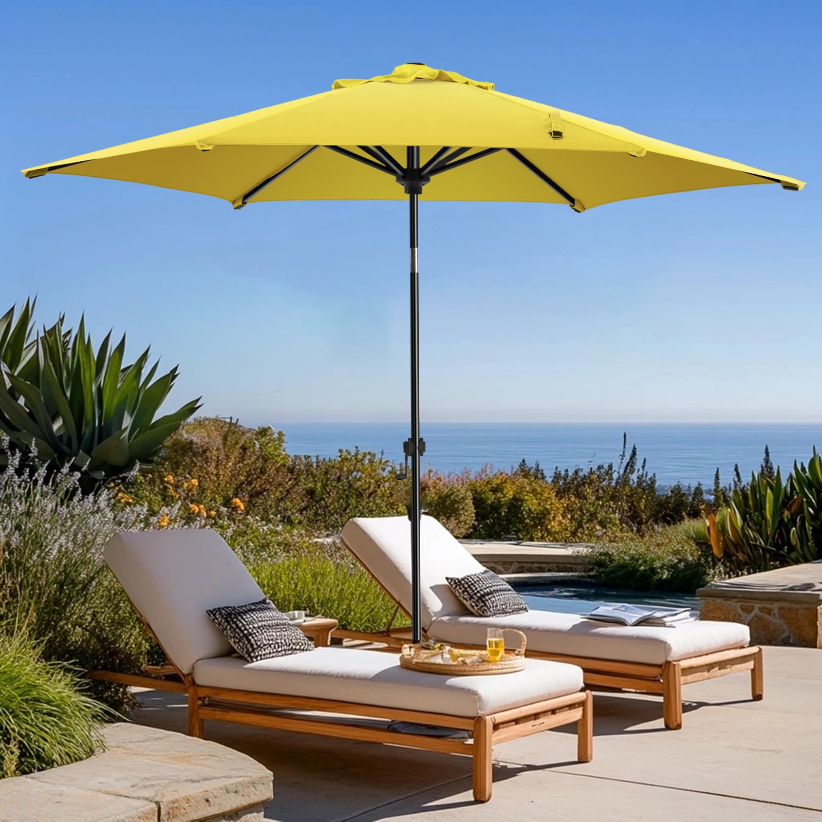 wikiwiki 7.5 FT Patio Umbrellas Outdoor Table Market Umbrella with Push Button Tilt/Crank, 6 Sturdy Ribs, Fade Resistant Waterproof POLYESTER DTY Canopy for Garden, Lawn, Deck, Backyard & Pool, Yellow Image