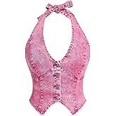Milumia Women's Denim Halter Top Tie Backless Button Front Slim Fit Vests
