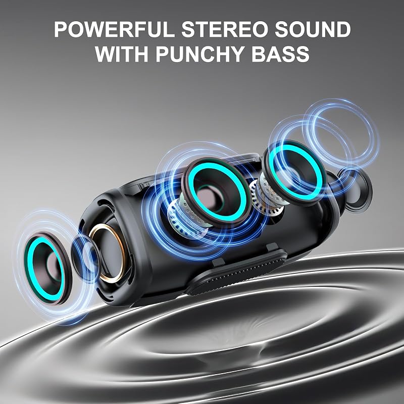 Altavoz Bluetooth portátil, 36 horas de tiempo de reproducción, batería de 6000 mAh, Bluetooth 5.4, sonido estéreo fuerte, graves amplificados, protección contra salpicaduras IP6, luz LED, caja de — foto 4 de 7