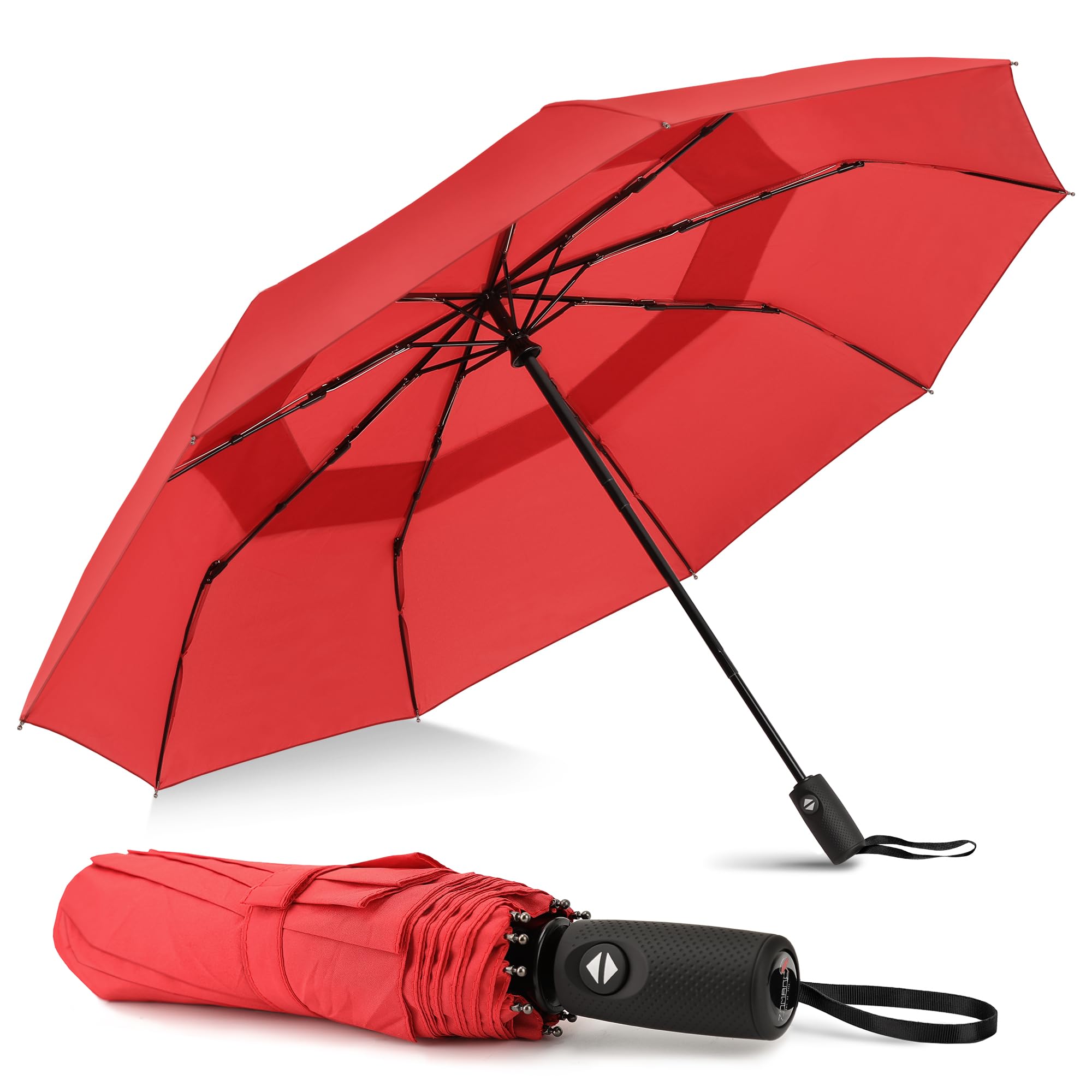ZOMAKE Compact Umbrella Windproof Strong,Travel Small Umbrella Foldable Portable Brolly Automatic Folding Double Canopy for Women Men,46IN (Red)