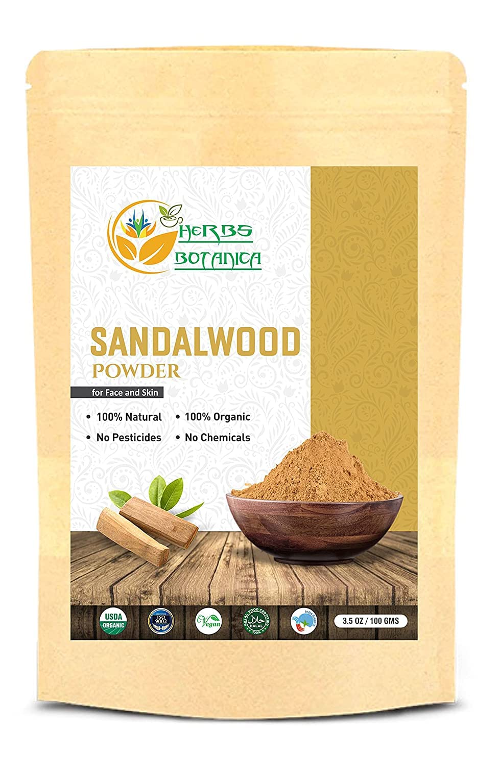 Herbs Botanica Chandan Sandalwood Powder Organic 100gm / 3.52 oz For Skin, Face Pack, Face Mask, Worship Tilak, Auspicious Occasions 100% Natural, Soothing, Cleansing, Wrinkles — image 1