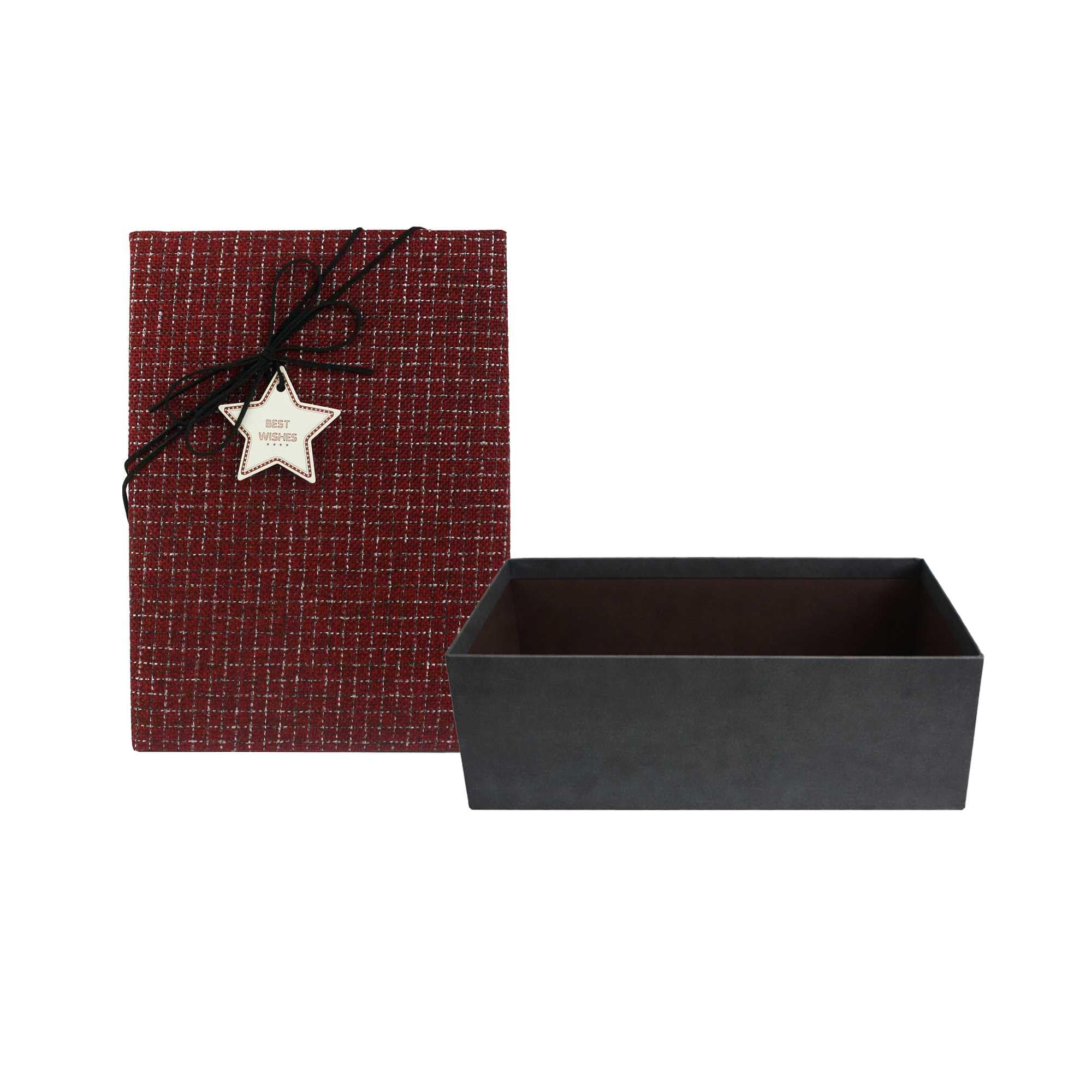 Emartbuy Textured Fabric Black/Red Rigid Gift Box with Ribbon – 25 x 16 x 11 cm – Luxury Cardboard Presentation Box | Premium Packaging for Hampers, Birthdays, Weddings, Corporate Gifting