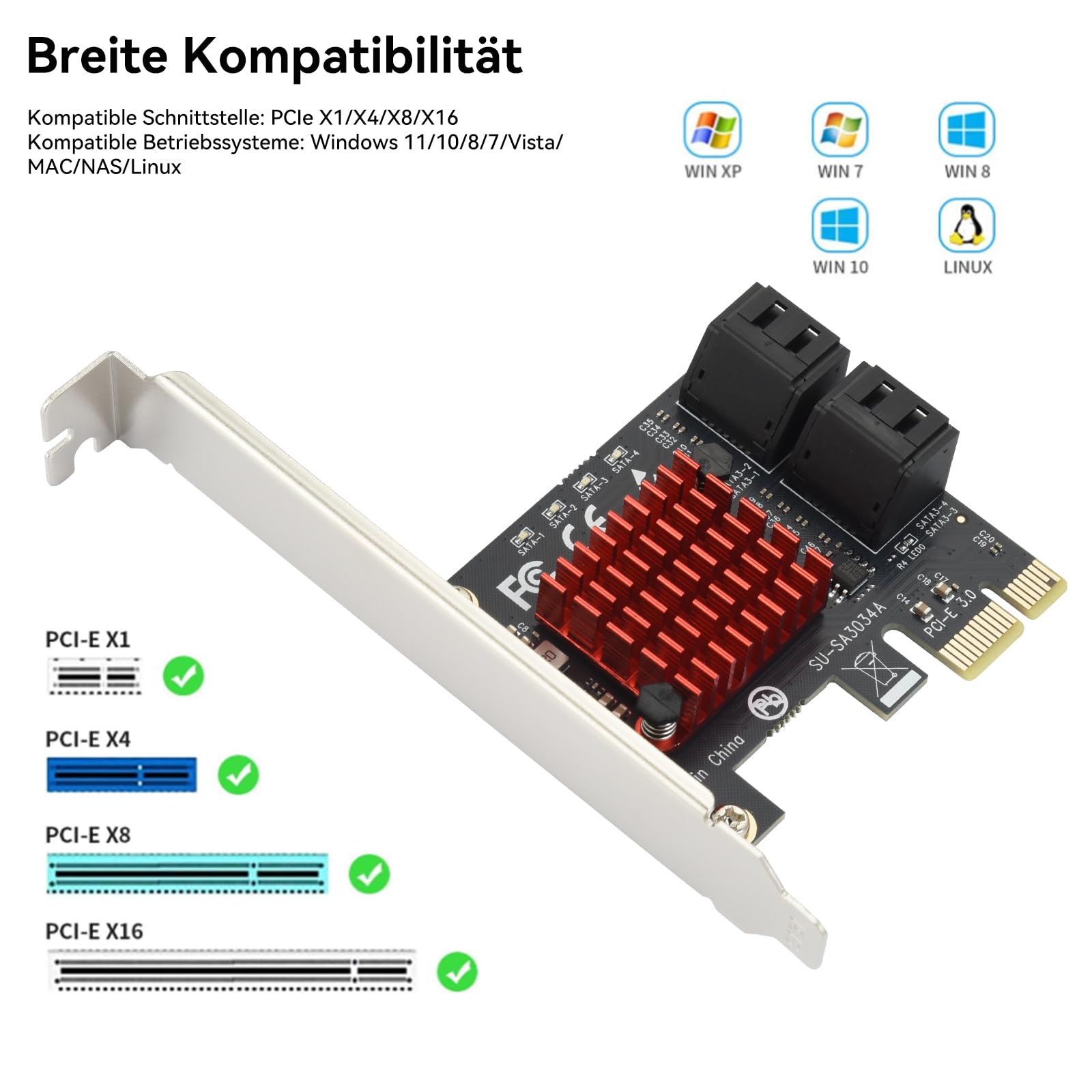 ELUTENG PCI-E zu SATA Adapter 4-Port PCIe Erweiterungskarte 6Gbps SATA 3.0 Controller PCI Express Controller Card mit Low-Profile Halterung für Windows/Linux, Non-Raid, Booten als Systemfestplatte 6