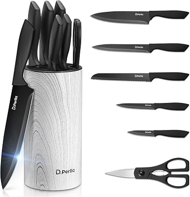 7 Pièces Set Couteau Cuisine en Acier Inoxydable, Bloc Couteaux Cuisine Verticale, Manche Confortable Ergonomique Ensemble de Couteau, Noir