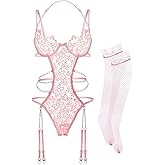 Women Lingerie Set Floral Lace Teddy Strap Chain Babydoll Bodysuit Bra and Panty Set with Garter Belts