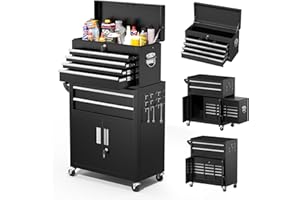 Greenvelly Metal Tool Chest,8-Drawer Rolling Tool Cart with Wheels,2 in 1 Detachable Tool Cabinets,Tool Box,Liners and Locking System for Garage,Warehouse,Workshop, Barbershop(Black)