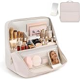 Travel Makeup Bag Standing Folding Leather Cosmetic Organizer with Handle | Waterproof Makeup Organizer with Brush Compartments and Magnetic Fold-Down Flap Toiletry Bag(Bonus with Mirror)