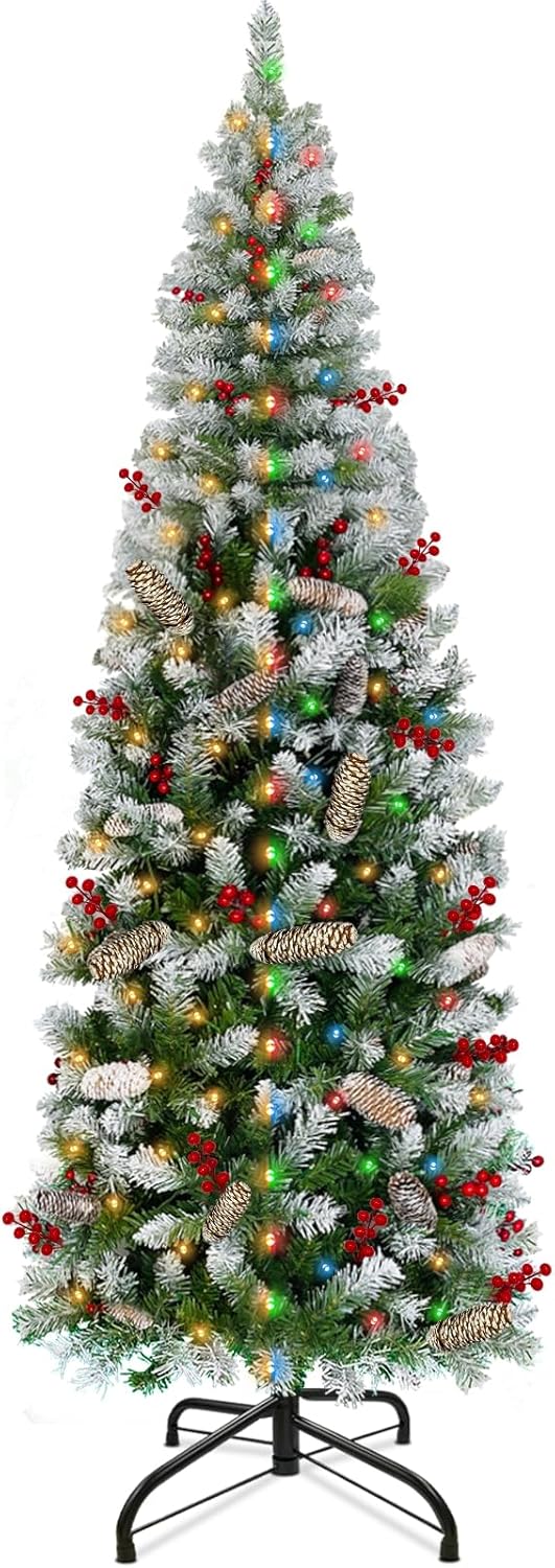Trees - 6 Ft Prelit Flocked Artificial Slim Christmas Tree, 240 Warm White & Multi Color Change Lights, 658 Tips, 357 Red Berries, 51 Pinecones, Timer, 8 Modes, UL Plug, Metal Stand, Hinged Xmas Pine Tree