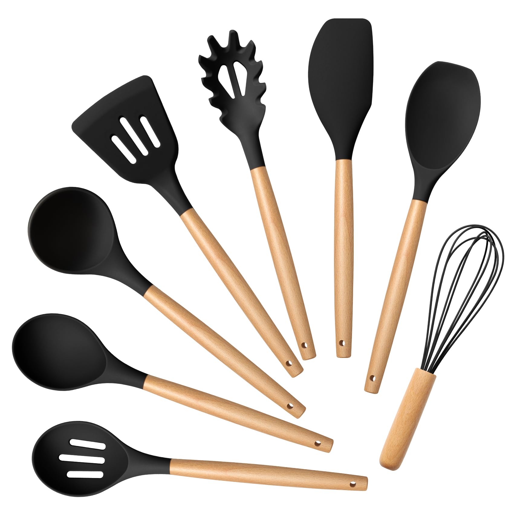 Onader Black Kitchen Utensils Set, 8Pcs Silicone Cooking Utensil Set with Wooden Handle, Heat Proof Kitchen Tools Spatula Safe for Non-Stick Cookware, Sturdy, Healthy & Easy Clean