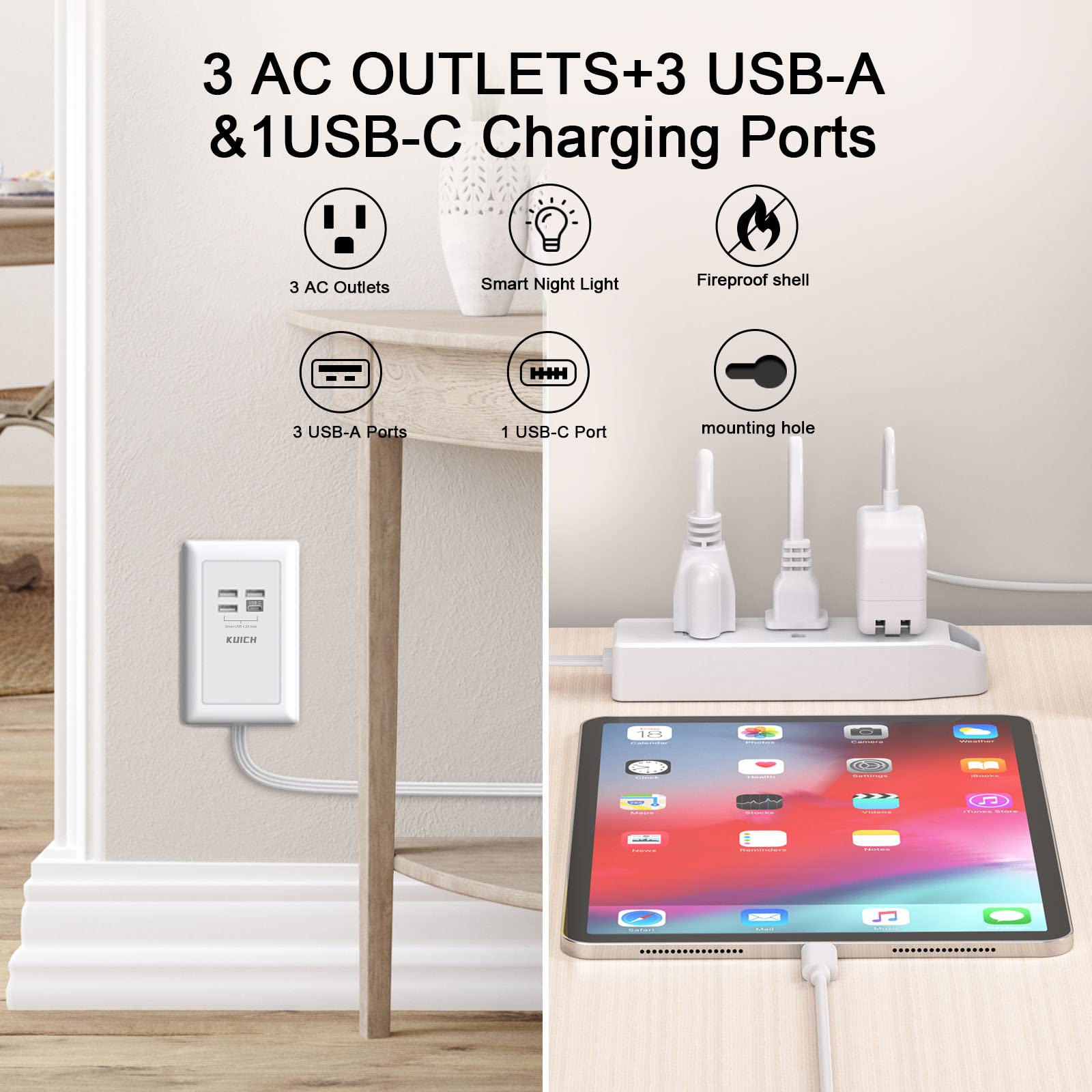 KUICH Power Strip with Night Light and 4 USB Ports Power Plug, 6 Ft Extension Cord and 3 Outlet Extender, Wall Mount for Home Office Dorm Room Essentials, ETL Listed