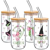 Sliner 4 Pcs 18 oz Pink and Green Glass Cups with Lids Straws Gifts Witch and Princess Movie Glass Bottle for Movie Fans Accessory for Women Witch Princess Fans Birthday Party Gift