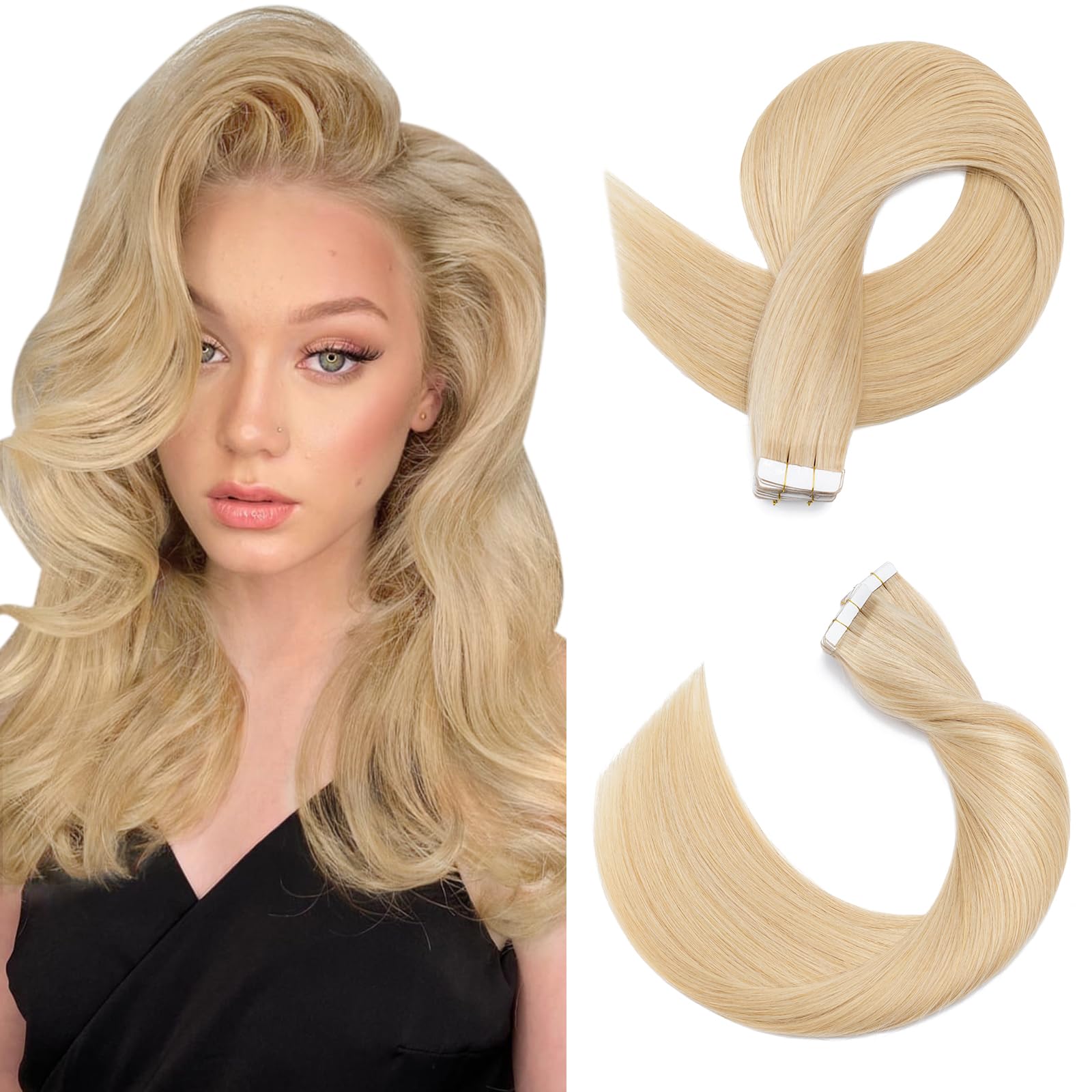 SEGOHAIR Tape in Hair Extensions Human Hair, 12" Invisible 10Pcs Real Hair Straight Natural Remy Tape Hair Extensions - Natural Blonde — image 1