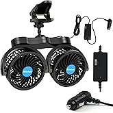 Alagoo 12V Car Fan, Adjustable 4 Inches Dual Head Car Clip Fan for Front/Rear Seat Passenger, 360° Rotatable Cars Fans with S