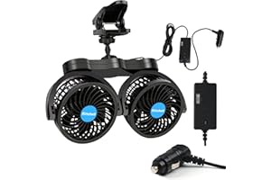 Alagoo 12V Car Fan, Adjustable 4 Inches Dual Head Car Clip Fan for Front/Rear Seat Passenger, 360° Rotatable Cars Fans with Stepless Speed Regulation for Car/Vehicle SUV, RV