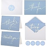 100 Bulk Light blue Thank You Cards with white Envelopes and stickers - 4 Minimalistic Designs Blank Thank You Notes with Envelopes for business Wedding Bridal Gift Baby Shower Business Graduation