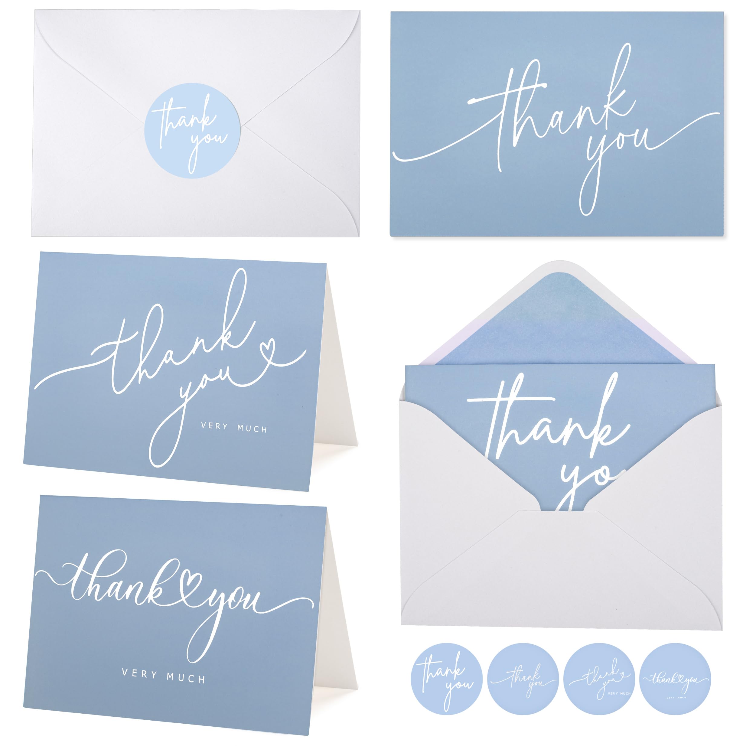Photo 1 of 100 Bulk Light blue Thank You Cards with white Envelopes and stickers - 4 Minimalistic Designs Blank Thank You Notes with Envelopes for business Wedding Bridal Gift Baby Shower Business Graduation