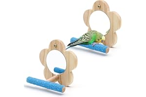 DVHEY 2Pcs Small Bird Mirror Parrot Swing,Wooden Parakeet Perches Flower Interactive Play Toys for Small Budgies Macaw African Grey Parakeets Lovebird Cockatiel Cage Accessories (S,Wood-2p)