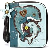 CHALA Zip Around Wallet, Wristlet, 8 Credit Card Slots, Sturdy Pu Leather - Dolphin - Blue
