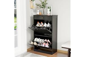 FTZxHKLX Shoe Cabinet with 2 Flip Drawers, Slim Freestanding Hidden Shoe Organizer with Drawer, Pet-Proof Shoe Storage Cabinet for Entryway Living Room Behind The Door, Black