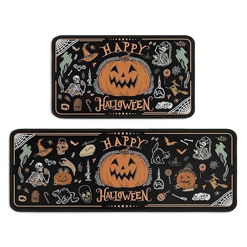 Ghroiep 2 Piece Halloween Kitchen Decor Rugs Set,Cute Pumpkin Kitchen Rugs and Mats Non Skid Washable Absorbent Kitchen Accessories Decoration Floor Mats 17"x47"+17"x30"