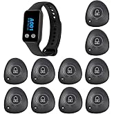 WNKRUN Wireless Restaurant Pager System with 10 Waterproof Call Buttons | for Waiter Customer Staff Caregiver 1 Rechargeable Watch 400ft Range Button with Cancel Key Vibrate Alert Calling System