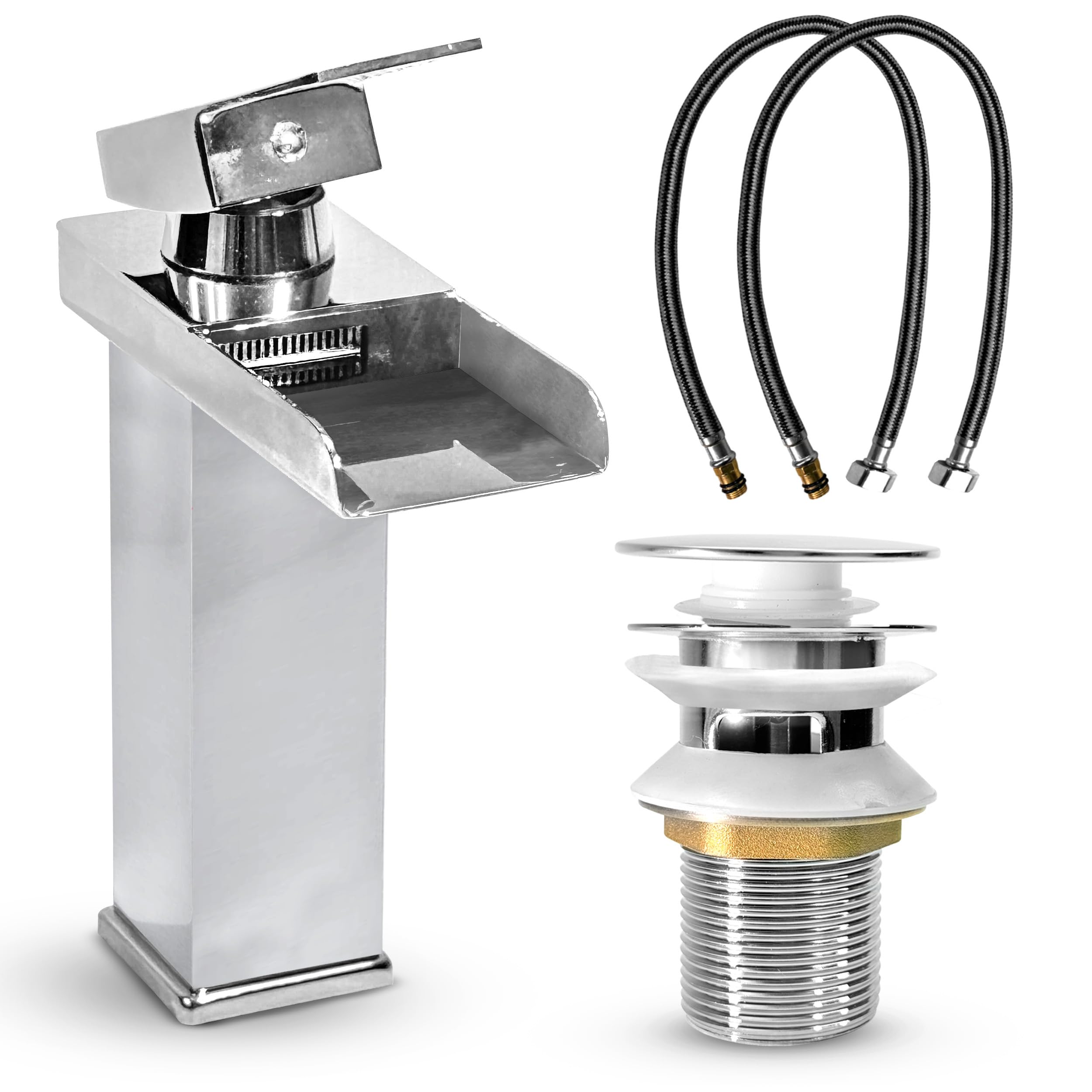 MSC Chrome 18.40cm Tall Waterfall Tap for Bathroom Sink - Mixer Tap with Mono Square Single Lever, Modern Durable Solid Brass Construction and Smooth Water Flow, Silver