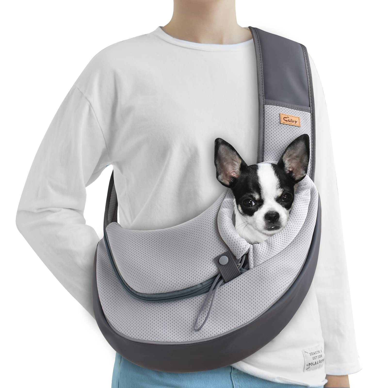 CUBY Pet Sling Carrier for Puppy Dog, Dogs Sling Carrier Breathable, Safety Front Pocket Pet Sling Carrier, Hands-Free Mesh Bag with Adjustable Shoulder Strap for Outdoor and Travel (Grey, S)