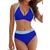 BMJL Womens Two Piece Swimsuit Color Block Triangle Bikini Sets Mid Rise Bathing Suits Cute Swimwear