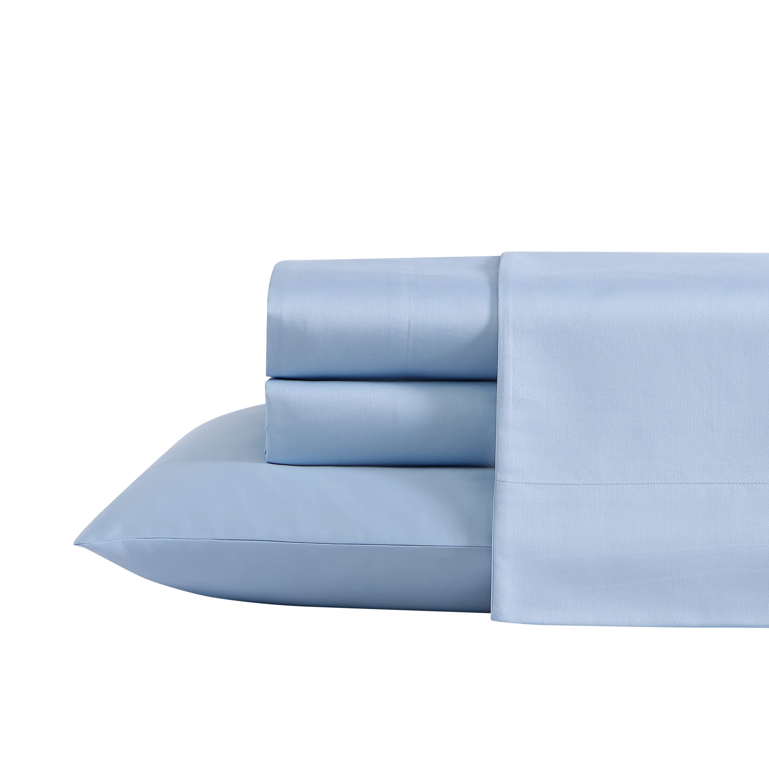 Laura Ashley- Queen Sheet Set, Luxury Sateen Cotton Bedding, 800 Thread Count, Soft & Smooth Home Decor (Solid Blue, Queen)