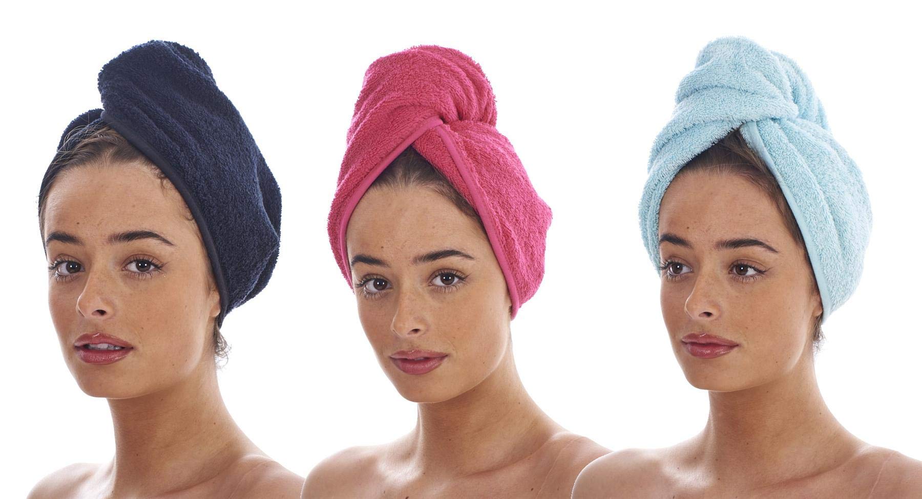 Keanu Pack of 3 Luxury Hair Turban Towels, Hair Drying Towel with Loop and Button Fastener, 100% Cotton, 64 x 23cm - Black, Fuchsia, Aquamarine