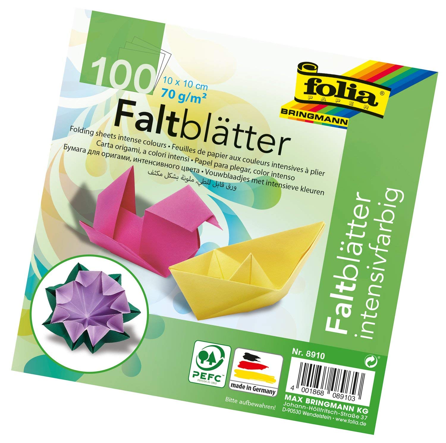 Folia Bringmann Folding Sheets 70 g/m², 100 Blatt in 10 Assorted Colours, 10 x 10 cm