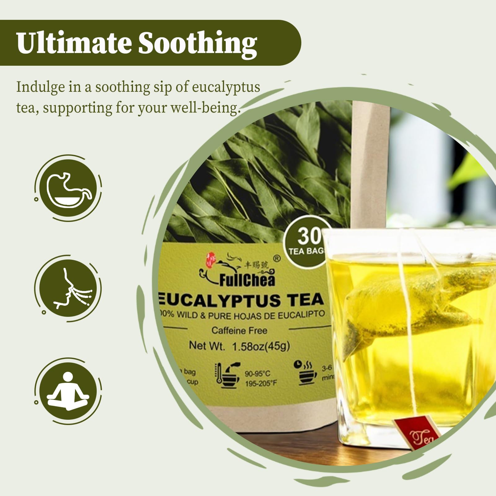 FullChea Natural Eucalyptus Tea Bag 30 Teabags, 1.5g/bag - Premium Hojas de Eucalipto - Non-GMO - Caffeine-free - Boost Respiratory Health