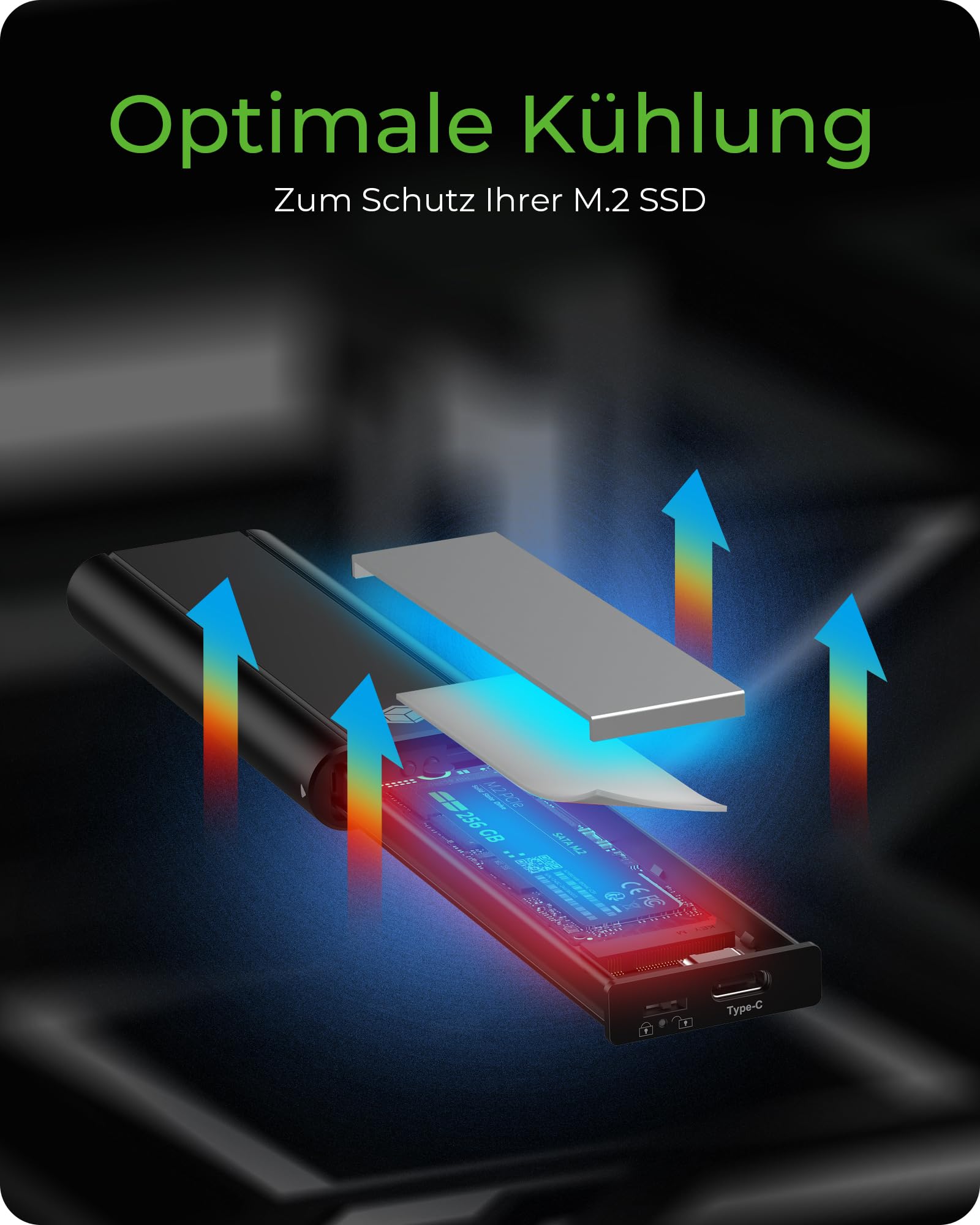 ICY Box M.2 SSD/NVMe Gehäuse, USB 3.2 (10 Gbit/s), Werkzeuglos, Kühlsystem, USB-C, USB-A, PCIe, M-Key, Extern, NVMe Adapter, Aluminium, Schwarz, IB-1807MT-C31 9
