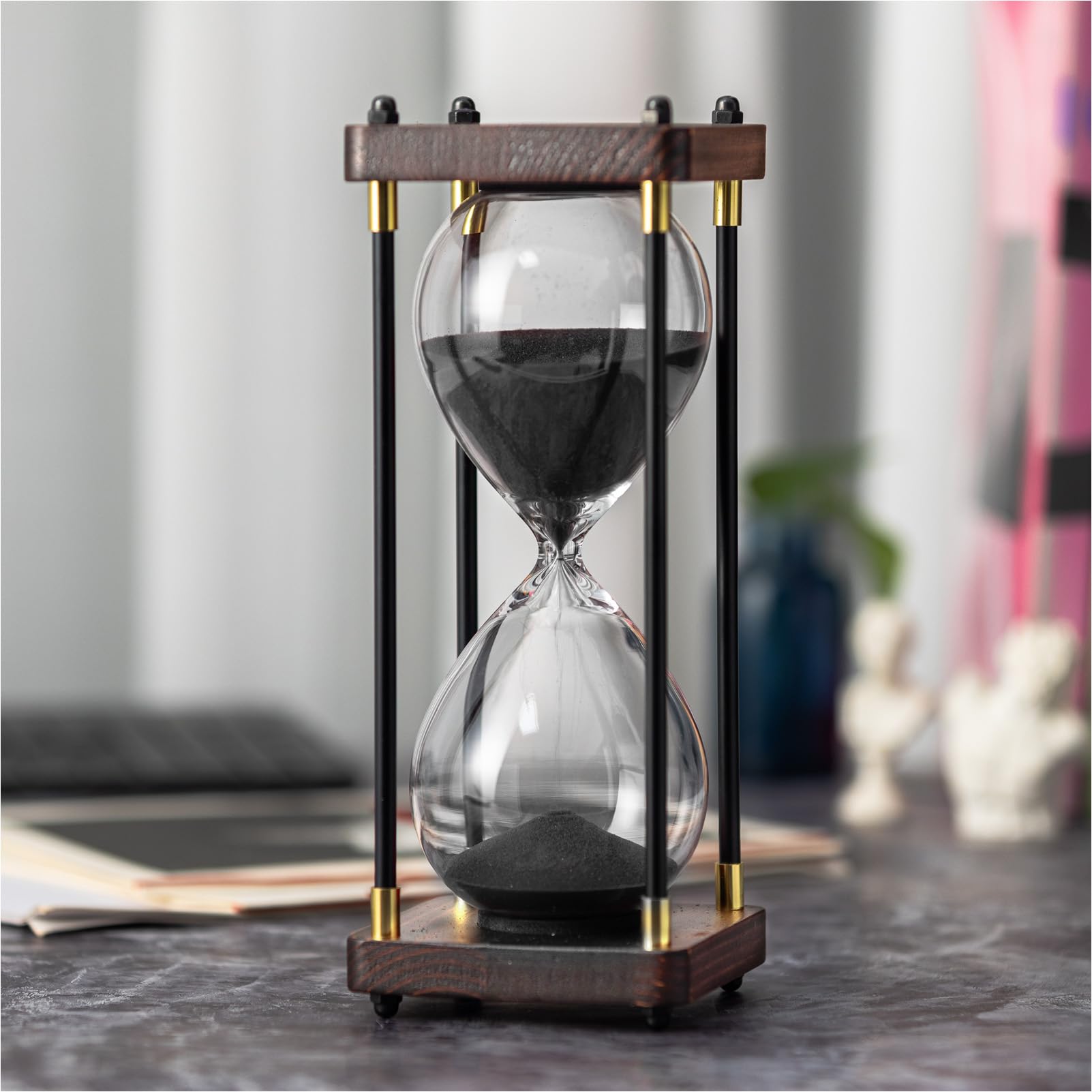 ELAINESTORE Hourglass Timer 60 Minute, Metal Wooden Frame Decorative Sand Timer (Black Sand, Large Size)