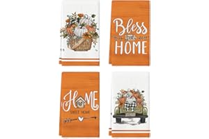 Artoid Mode Flower Basket Truck Pumpkin Fall Kitchen Towels Dish Towels, 18x26 Inch Bowknot Thanksgiving Decoration Hand Towels Set of 4