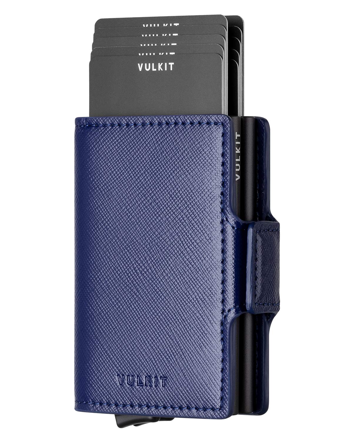 VULKIT Double Credit Card Holder RFID Blocking Pop Up Metal Card Holder Leather Men's Wallets Magnetic Closure with 2 Slots for 10-14 Cards, Cross Navy