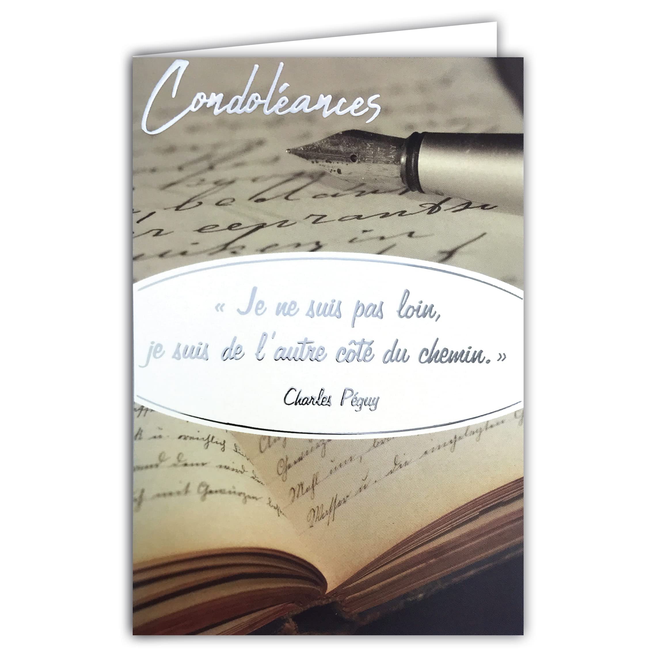 Afie 64-1044-B Shiny Silver “Péguy” Quote Card with French Language Text and Fountain Pen with White Envelope 11.5 x 17 cm