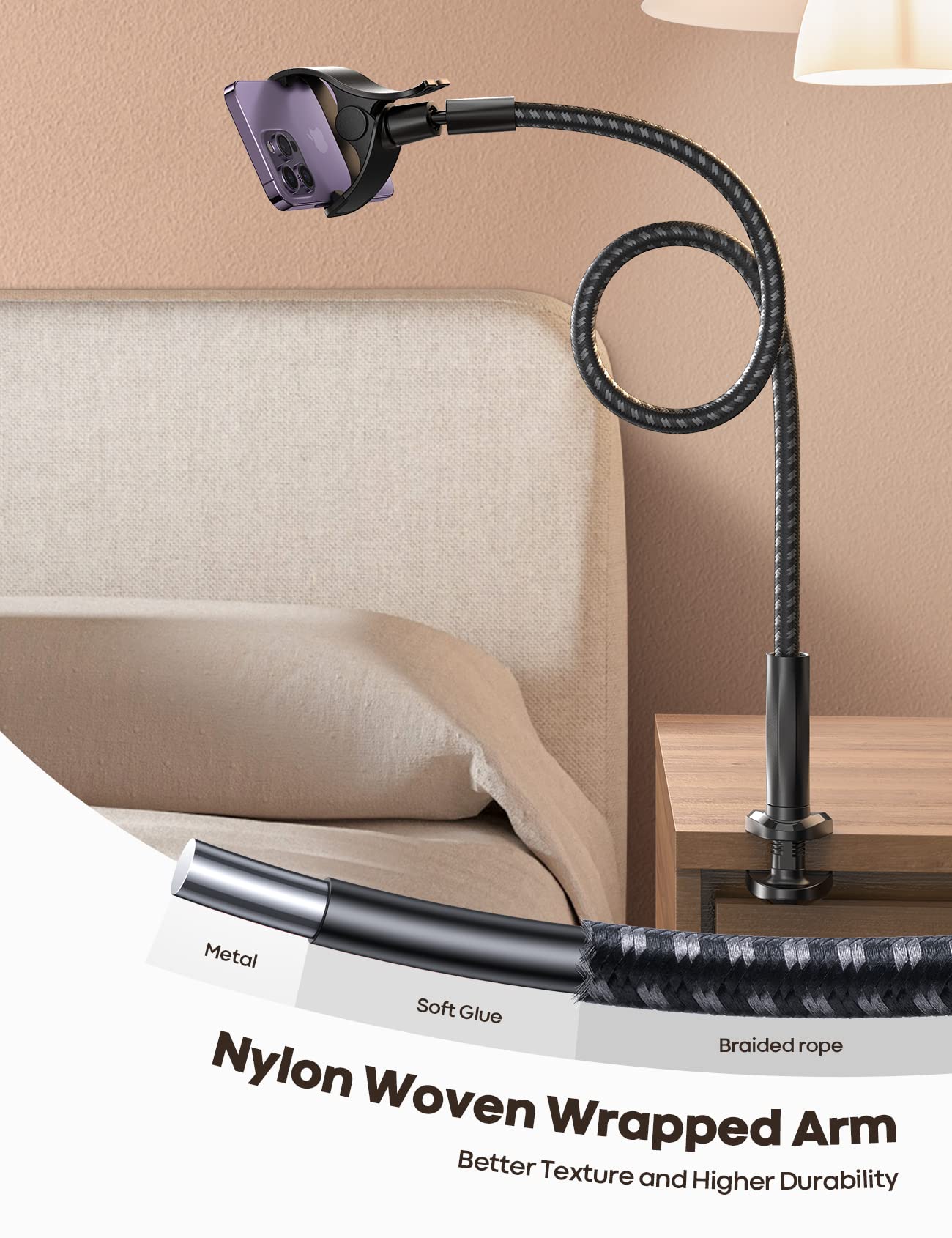 Lamicall Gooseneck Phone Holder Bed - [Nylon Braided] Flexible Arm, 38inch Overall Length, 360 Adjustable Clamp Clip, Overhead Cell Phone Mount Stand for Bed, Desk, 4-7” Cellphone
