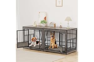 BEURUKU 86.2'' Double Dog Crate Furniture for 2 Dogs, Extra Large Dog Cage with Adjustable Divider, Heavy Duty Dog Kennel Indoor with 4 Bowls, XXL Dog Crate Wooden TV Stand End Table for Large Breed, Grey