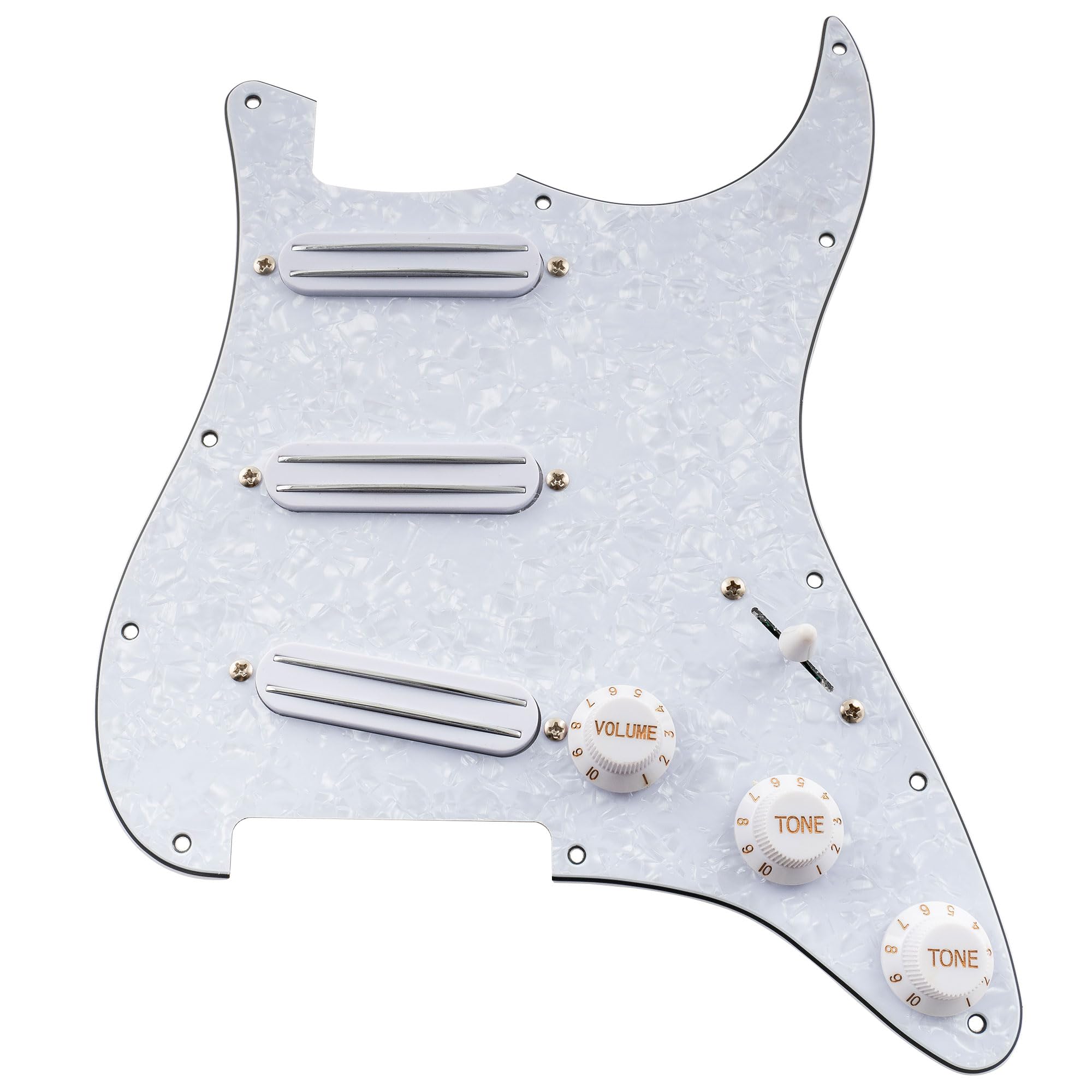 Musiclily 11-Hole SSS Prewired Loaded Pickguard with Dual Hot Rail High Output Pickups Set for Fender Squier Strat Electric Guitar,4Ply White Pearl