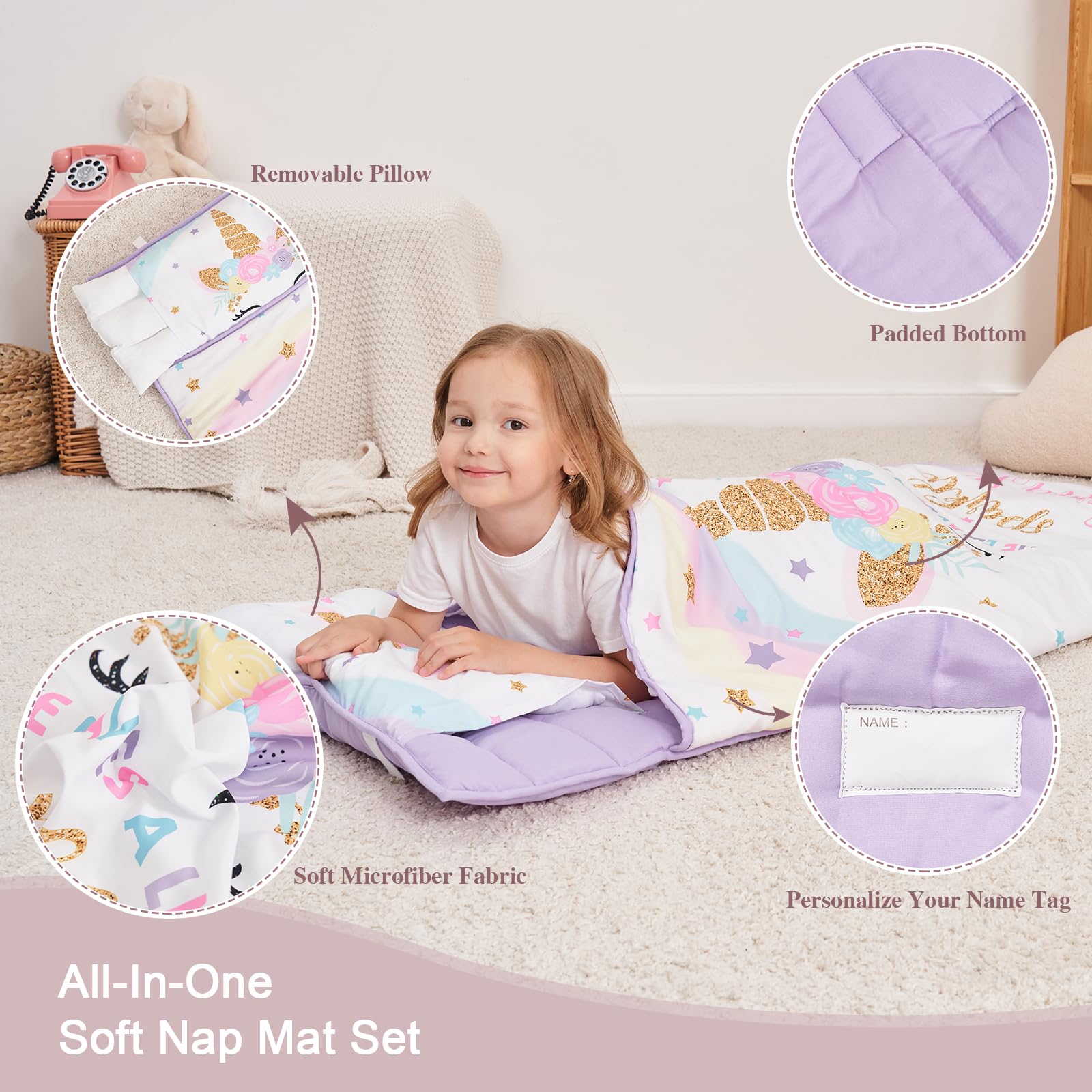 Extra Large Toddler Nap mat by Cokouchyi, Toddler Sleeping Bag with Removable Pillow, Measures 53 x 21 x 1.5 Inches, Sleeping Mat, Ideal for Daycare and Preschool Kindergarten