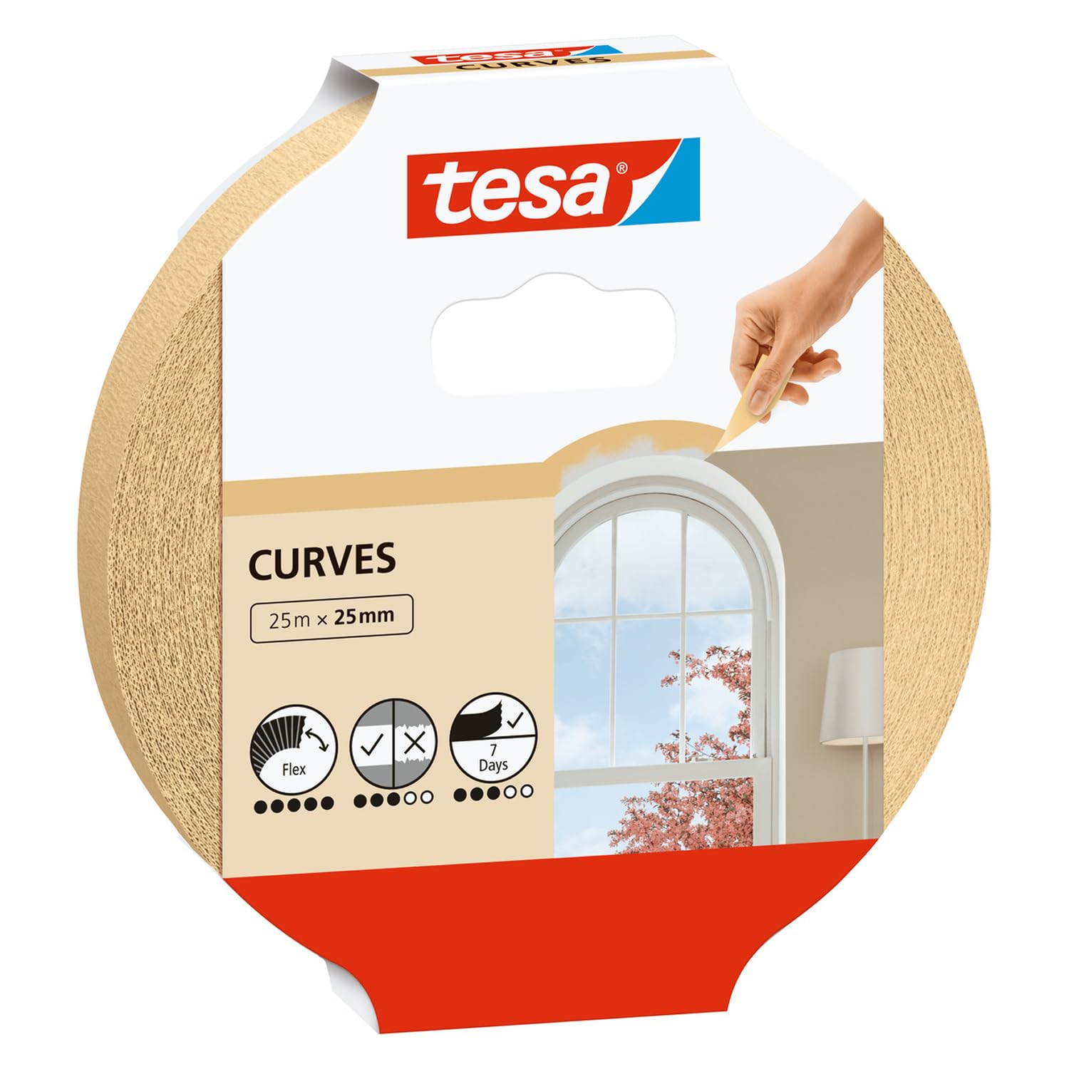 tesa Masking Tape Curves - Curved tape with extra strong crepe for masking curves and irregular shapes - for rough and smooth surfaces - 25 mx 25 mm