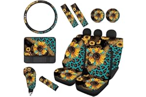 Wanyint Leopard Sunflower Print Car Seat Cover Split Covers for Women Men,Car Steering Wheel Cover Seatbelt Strap Shoulder Cover Coasters Armrest Pad Handbrake Cover Gear Shift Cover