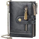 Mens Wallet with Chain PU Faux Leather Bifold Wallet for Men Double Zipper Coin Pocket Purse Double Anti-Theft-Mens Gift