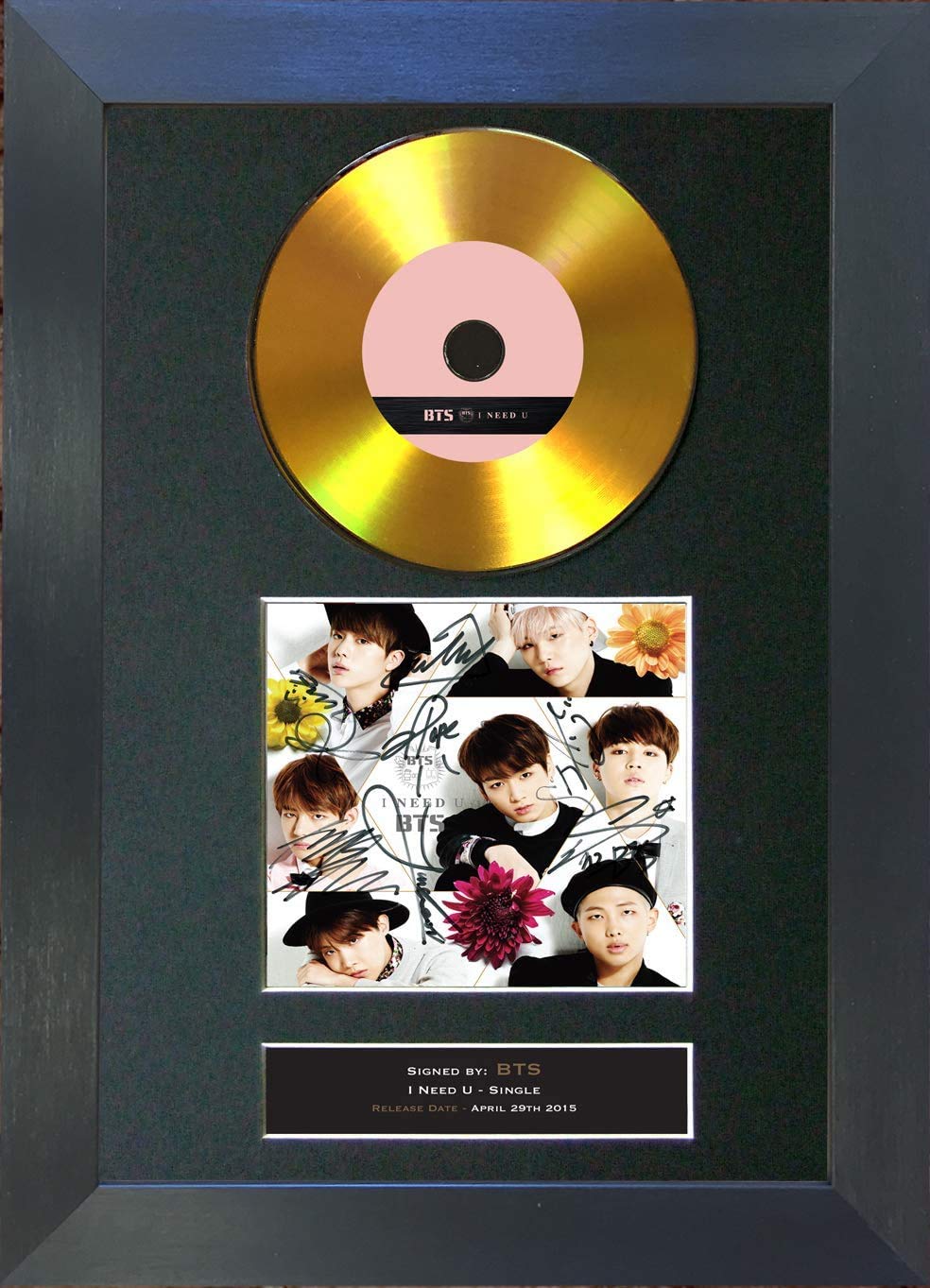 #175 BTS - I Need U Single Signed Autograph Mounted Cd Cover Record Reproduction PRINT A4 Rare Perfect Birthday (297 x 210mm) (Black Frame)